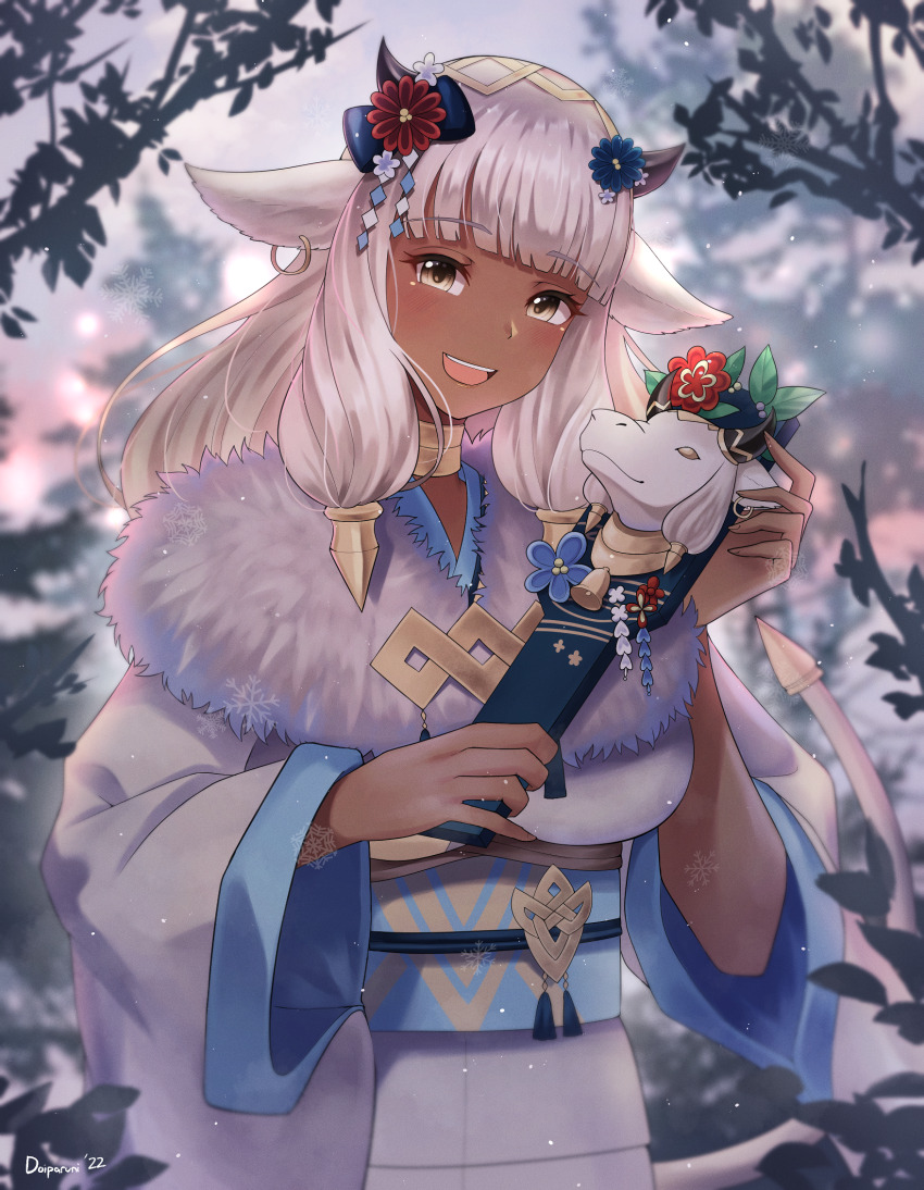 1girl animal_ears ash_(fire_emblem) ash_(new_year)_(fire_emblem) black_horns blunt_bangs blush brown_eyes commentary cow_ears cow_girl cow_horns dark-skinned_female dark_skin doiparuni ear_piercing english_commentary fire_emblem fire_emblem_heroes fur_collar grey_hair hand_fan highres holding holding_fan horns japanese_clothes kimono long_hair looking_at_viewer new_year nintendo obi official_alternate_costume open_mouth outdoors paper_fan piercing sash smile solo teeth tree upper_teeth_only white_kimono