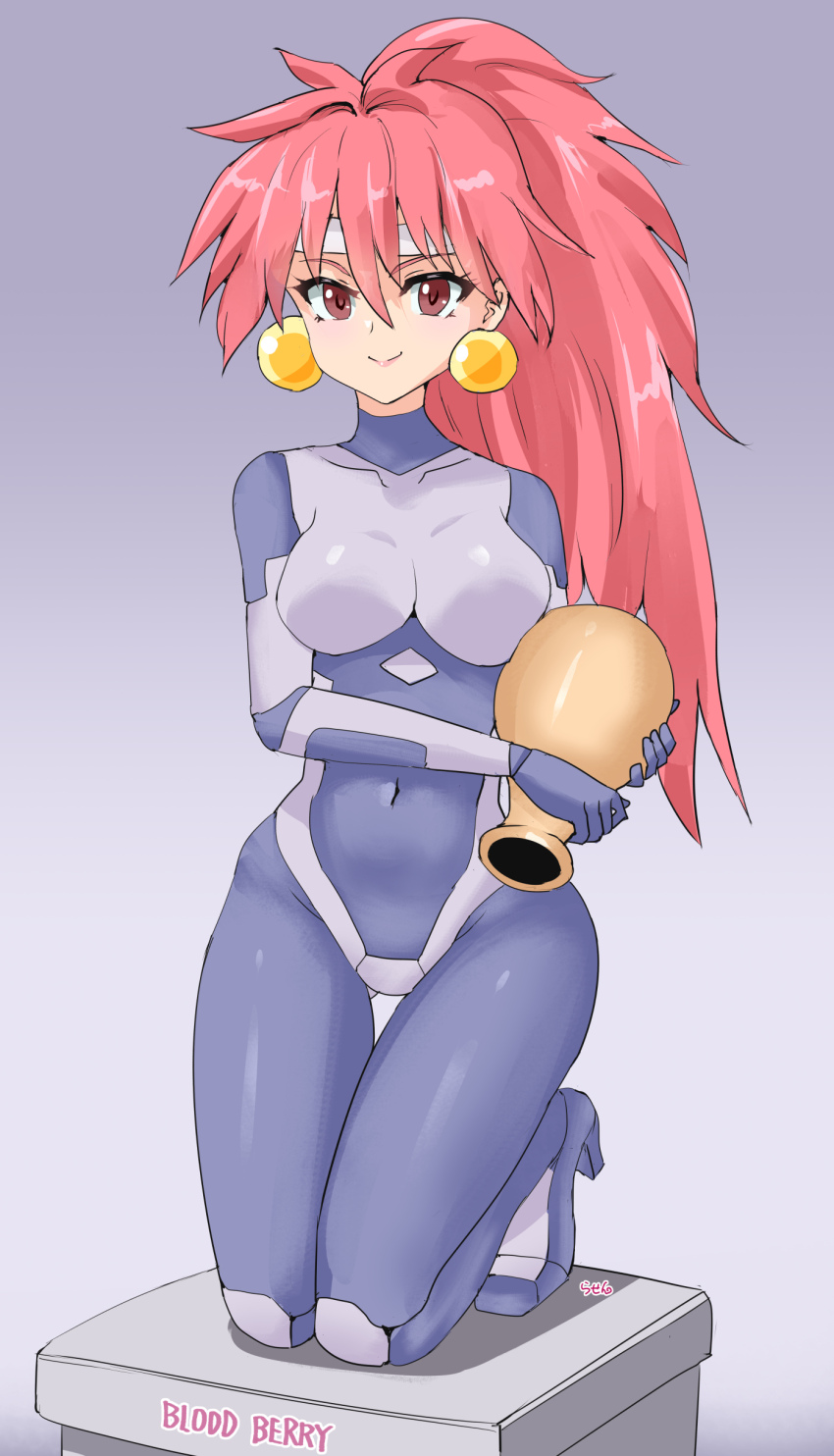 1girl absurdres android bloodberry bodysuit breasts brown_eyes character_name covered_navel earrings gradient_background headband highres holding_vase jewelry kneeling medium_breasts navel pink_hair rasen_manga saber_marionette_j smile white_headband