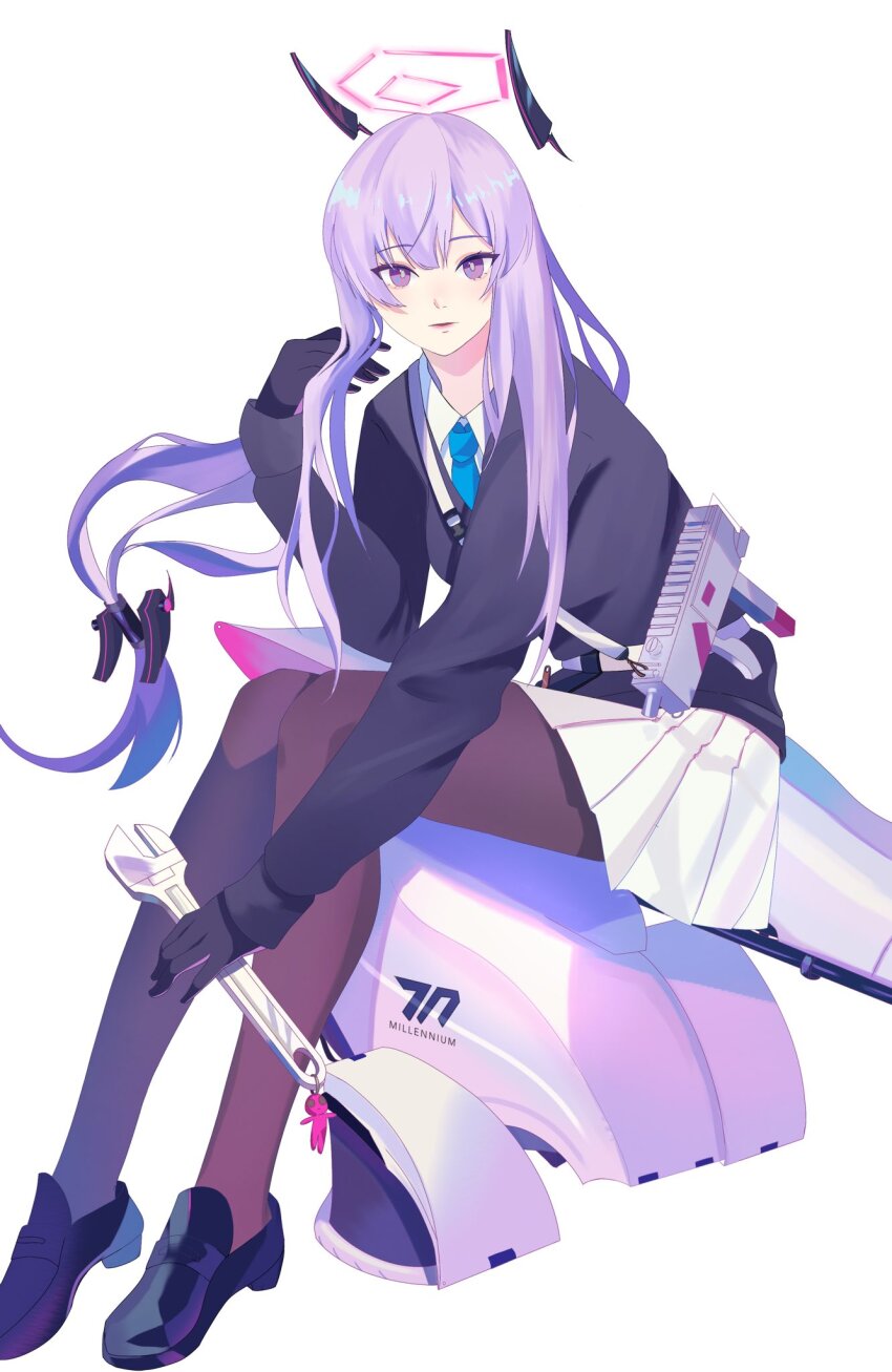black_shoes black_thighhighs blue_archive blue_necktie collared_shirt commentary_request floating_headgear full_body gun halo hand_up headgear highres holding holding_wrench loafers long_hair long_sleeves looking_at_viewer mac-10/11 miniskirt necktie nuiaki pleated_skirt purple_eyes purple_hair shirt shoes simple_background sitting skirt submachine_gun thighhighs turret utaha_(blue_archive) weapon white_background white_shirt white_skirt wrench