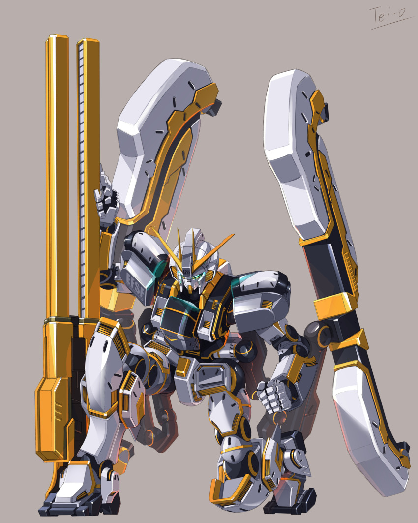 absurdres aqua_eyes atlas_gundam brown_background earth_federation gundam gundam_thunderbolt highres humanoid_robot joints kneeling mecha mobile_suit no_humans railgun robot robot_joints science_fiction signature solo tei-o v-fin