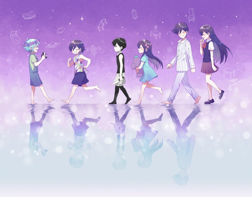 2girls 4boys :d ;d ^_^ antenna_hair arm_at_side aubrey_(headspace)_(omori) aubrey_(omori) bare_arms bare_legs bare_shoulders barefoot basil_(headspace)_(omori) basil_(omori) black_hair black_tank_top black_thighhighs blue_dress blue_flower blue_hair blue_overalls blue_rose brother_and_sister brothers brown_skirt camera checkered_clothes checkered_shirt closed_eyes closed_mouth collared_shirt colored_skin double-parted_bangs dress facing_another facing_viewer flower flower_wreath full_body green_shirt grin hair_behind_ear hair_between_eyes head_wreath hero_(headspace)_(omori) hero_(omori) highres holding holding_camera holding_knife holding_stuffed_toy jandara_rin kel_(headspace)_(omori) kel_(omori) knees_together_feet_apart knife light_particles long_hair long_sleeves looking_at_viewer mari_(headspace)_(omori) mari_(omori) mary_janes miniskirt mr._plantegg_(omori) multiple_boys multiple_girls no_shoes omori omori_(omori) one_eye_closed open_mouth over-kneehighs overall_shorts overalls pants pink_flower pink_rose pleated_skirt profile purple_background purple_eyes purple_flower purple_hair purple_shoes purple_shorts purple_sweater_vest reflective_floor rose shirt shoes short_dress short_hair short_sleeves shorts siblings simple_background skirt sleeveless sleeveless_shirt smile sparkle standing standing_on_one_leg straight_hair striped_clothes striped_pants striped_shirt striped_shorts stuffed_eggplant stuffed_toy sweater_vest tank_top thighhighs vertical-striped_clothes vertical-striped_pants vertical-striped_shirt vertical-striped_shorts very_long_hair very_short_hair walking white_pants white_shirt white_shorts white_skin