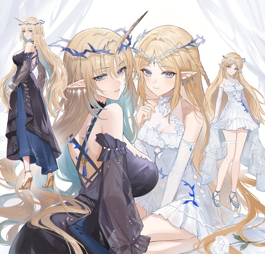 2girls alternate_costume bare_legs bare_shoulders black_dress blonde_hair blue_eyes blue_hair blush breasts cartethyia_(wuthering_waves) closed_mouth colored_inner_hair commentary crown_of_thorns dress dual_persona earrings fleurdelys_(wuthering_waves) floating_earrings fractalmagnolia gold_shoes high_heels highres horns jewelry large_breasts legs long_hair long_horns looking_at_viewer medium_breasts multicolored_hair multiple_girls multiple_views parted_lips pointy_ears shoes sidelocks single_horn tacet_mark_(wuthering_waves) thighs very_long_hair white_dress wuthering_waves yellow_horns