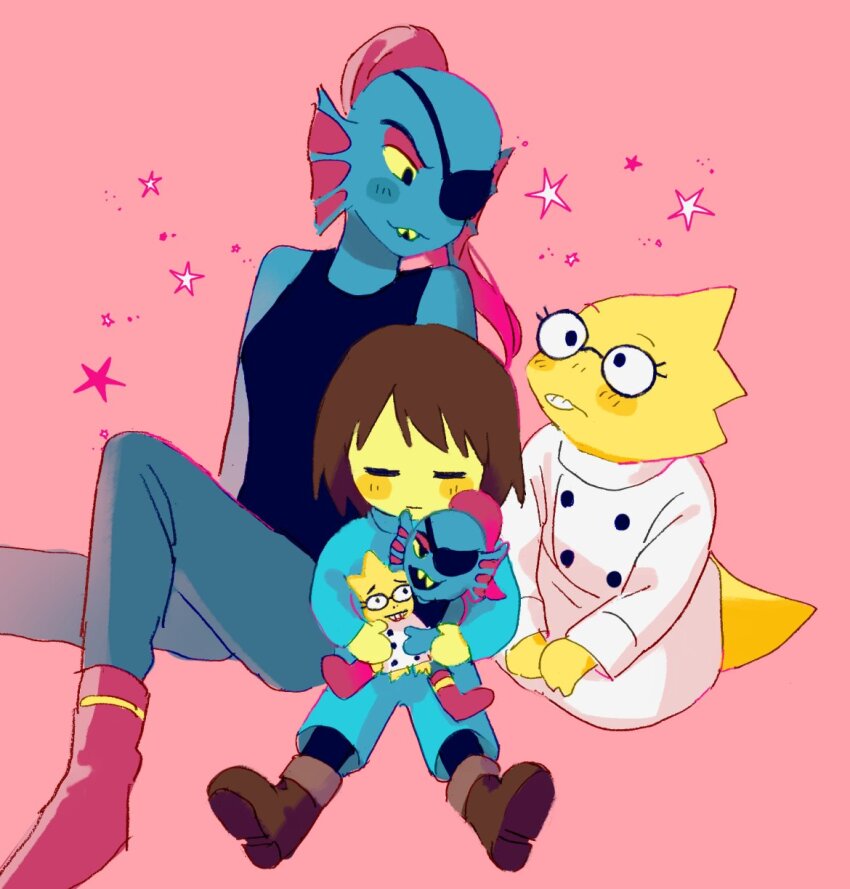 1other 2girls alphys beryllium_game black_tank_top blue_jumpsuit blue_skin boots brown_boots character_doll coat colored_sclera colored_skin commentary_request doll eyepatch fins fish_girl frisk_(undertale) head_fins highres holding holding_doll jumpsuit lab_coat lizard_tail long_hair multiple_girls pink_background ponytail red_hair reptile_girl sitting star_(symbol) tail tank_top undertale undyne white_coat yellow_sclera yellow_skin