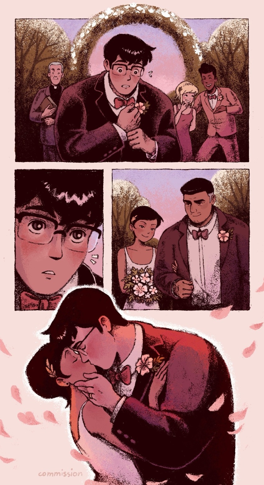2girls 3boys arch black_hair blazer blonde_hair blue_eyes bouquet bow bowtie clark_kent commission d-e-r-i dark-skinned_female dark-skinned_male dark_skin dc_comics dress facial_hair flower flying_sweatdrops formal_clothes glasses grey_hair hetero highres jacket jimmy_olsen kiss lois_lane multiple_boys multiple_girls my_adventures_with_superman petals procreate_(medium) sam_lane sky stubble suit supergirl superman_(series) wedding white_dress