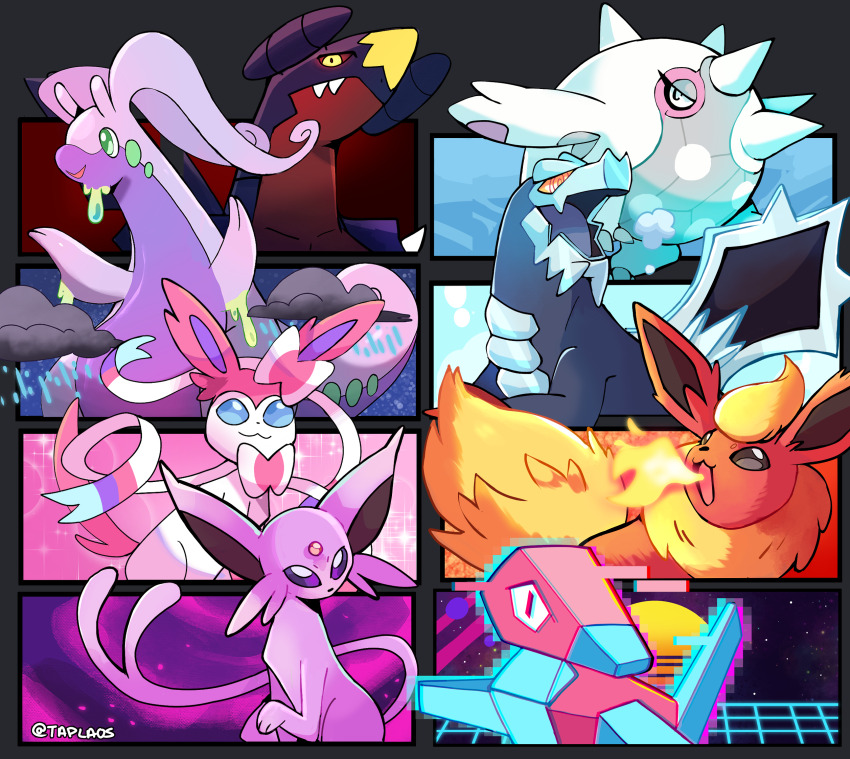 :3 animal_focus artist_name baxcalibur blue_eyes breath_weapon breathing_fire bright_pupils brown_eyes cetitan closed_mouth colored_sclera commentary english_commentary espeon fire flareon garchomp gen_1_pokemon gen_2_pokemon gen_4_pokemon gen_6_pokemon glitch glowing glowing_eyes goodra green_eyes highres nintendo no_humans no_sclera open_mouth orange_eyes pokemon pokemon_(creature) porygon purple_eyes raincloud red_sclera smile snow square_pupils sylveon taplaos white_pupils yellow_eyes