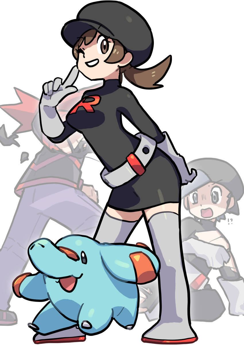 1girl 2boys absurdres belt black_hair black_headwear boots breasts brown_eyes ethan_(pokemon) full_body gen_2_pokemon gloves highres lying lyra_(pokemon) medium_breasts multiple_boys nintendo phanpy pokefia pokemon pokemon_(creature) pokemon_hgss red_hair silver_(pokemon) smile team_rocket team_rocket_uniform tearing_clothes torn_clothes twintails white_background