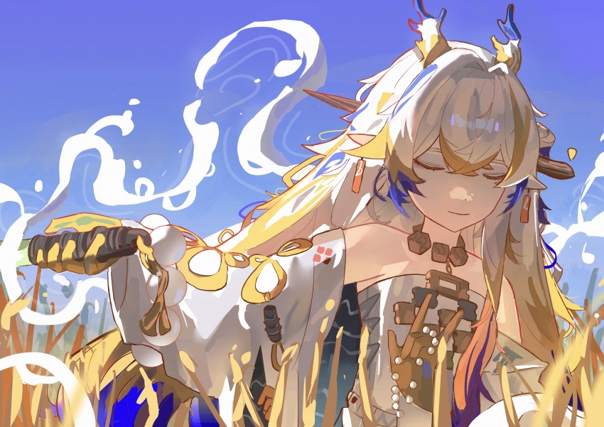 1girl absurdres arknights bare_shoulders bead_necklace beads blue_sky breasts chinese_hairpin closed_eyes closed_mouth dragon_girl dragon_horns earrings eastern_dragon_horns hair_between_eyes hair_ornament highres holding holding_sword holding_weapon horns jewelry long_sleeves necklace pointy_ears shirt shu_(arknights) sky small_breasts smile solo strapless strapless_shirt sword tassel tassel_earrings thannlong tube_top weapon white_hair white_tube_top
