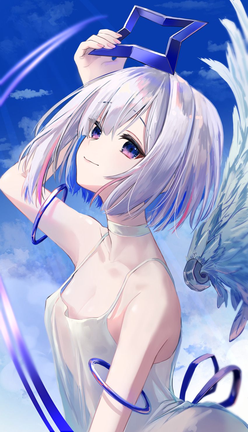 1girl absurdres amane_kanata angel_wings arm_at_side arm_up blue_eyes blue_hair blue_halo blue_sky breasts choker cleavage closed_mouth cloud cloudy_sky collarbone colored_inner_hair commentary commentary_request day detached_wings dress english_commentary fingernails gradient_eyes halo highres hinata_habi_ss hololive light_rays light_smile looking_at_viewer mixed-language_commentary multicolored_eyes multicolored_hair no_bra outdoors pink_eyes short_hair sideways_glance sky sleeveless sleeveless_dress small_breasts solo star_halo sunbeam sunlight upper_body virtual_youtuber white_background white_choker white_dress white_wings wings