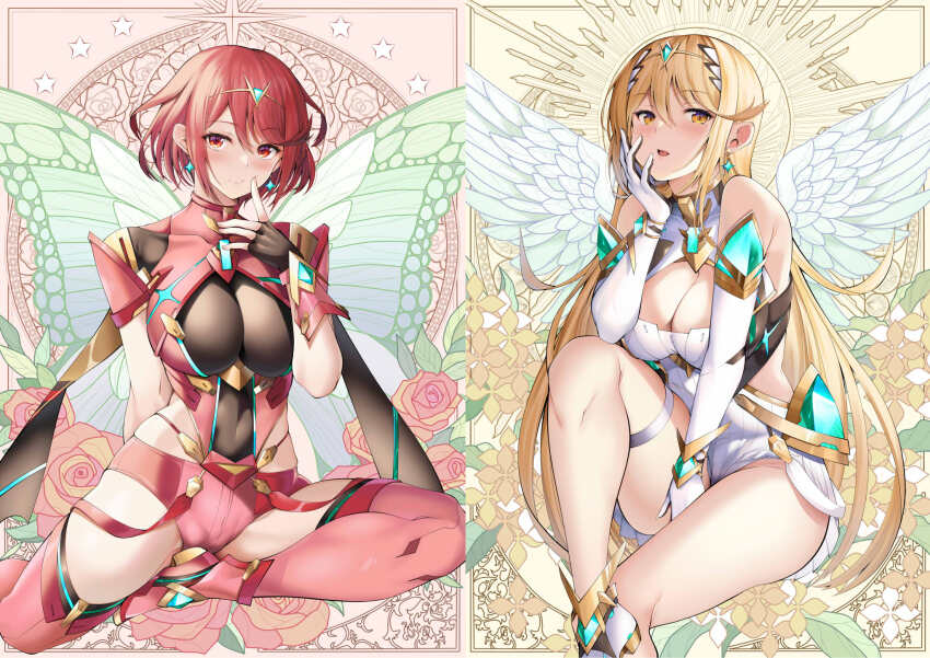 2girls breasts daive highres large_breasts multiple_girls mythra_(xenoblade) pyra_(xenoblade) red_eyes red_hair xenoblade_chronicles_(series) xenoblade_chronicles_2