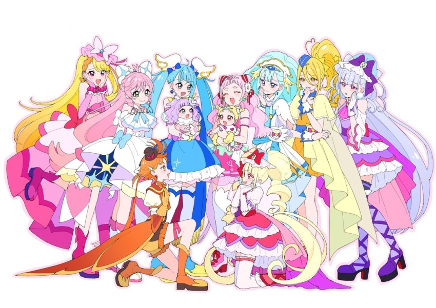1boy 6+girls aisaki_emiru aqua_hair ascot baby blonde_hair blue_eyes blue_hair boots bow bridal_gauntlets butterfly_hair_ornament cape carrying carrying_baby carrying_person coattails crop_top cure_amour cure_ange cure_butterfly cure_etoile cure_macherie cure_prism cure_sky cure_wing cure_yell dress ellee-chan fingerless_gloves gloves green_eyes hair_between_eyes hair_bow hair_ornament high-low_dress high-low_skirt high_heel_boots high_heels high_ponytail hijiri_ageha hirogaru_sky!_precure hug-tan_(precure) hugtto!_precure in-franchise_crossover kagayaki_homare knee_boots kneeling long_bangs long_hair looking_at_another magical_boy magical_girl multiple_girls nijigaoka_mashiro nono_hana on_one_knee orange_boots orange_hair pink_hair pink_skirt ponytail precure puffy_short_sleeves puffy_sleeves purple_eyes purple_hair red_eyes ruru_amour shirako_love shirt short_sleeves shorts simple_background skirt sleeveless sleeveless_dress sora_harewataru standing thighhighs tiara very_long_hair white_ascot white_background white_dress white_gloves white_shirt white_thighhighs wing_hair_ornament wrist_cuffs yakushiji_saaya yellow_cape yellow_dress yellow_eyes yuunagi_tsubasa