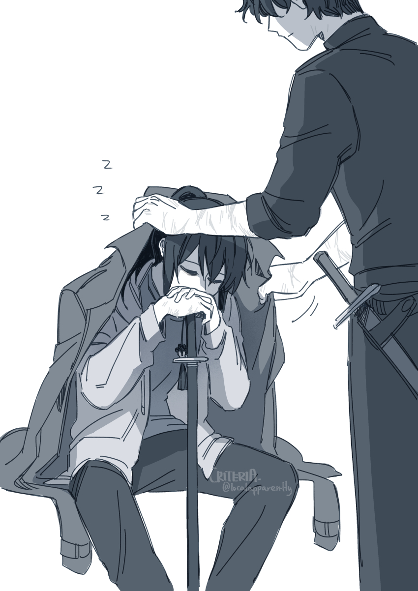 1boy 1girl absurdres black_coat coat covering_with_clothes criteria feet_out_of_frame greyscale head_down highres holding holding_sword holding_weapon invisible_chair jacket knees_apart_feet_together lee_jihye long_sleeves monochrome multiple_scars omniscient_reader&#039;s_viewpoint open_clothes open_jacket own_hands_together planted planted_sword planted_weapon scabbard scar scar_on_arm sheath short_hair sitting sleeves_rolled_up sword weapon yoo_joonghyuk zzz