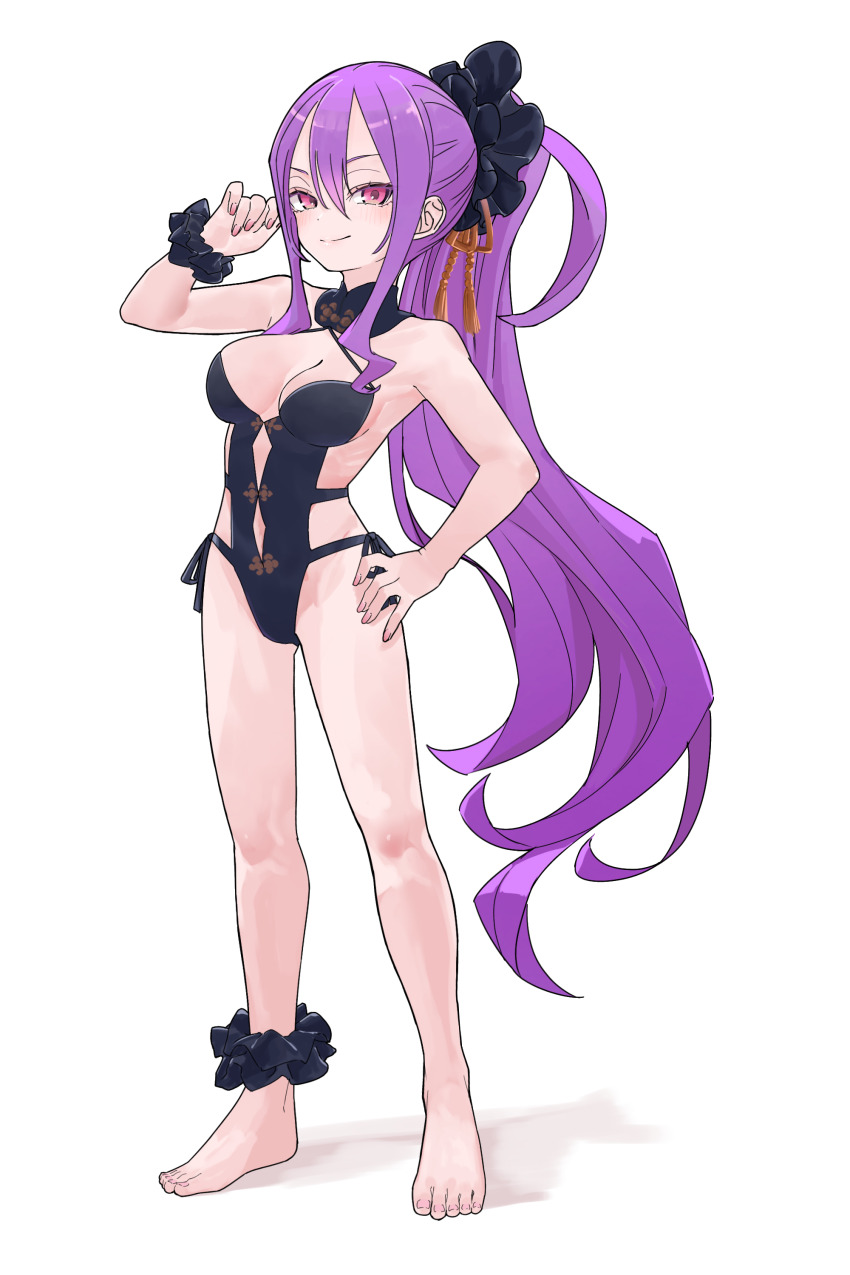 1girl absurdres bare_shoulders barefoot black_one-piece_swimsuit breasts cleavage earrings fate/grand_order fate_(series) full_body hair_between_eyes hair_ornament hair_scrunchie highleg highleg_one-piece_swimsuit highres jewelry large_breasts long_hair looking_at_viewer niwaikanai one-piece_swimsuit purple_eyes purple_hair scrunchie side_ponytail sidelocks smile solo swimsuit thighlet very_long_hair wrist_scrunchie wu_zetian_(fate) wu_zetian_(swimsuit_caster)_(fate) wu_zetian_(swimsuit_caster)_(first_ascension)_(fate)