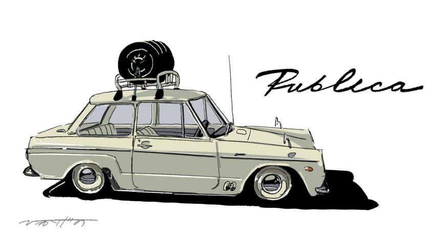 brown_car car highres hikageno motor_vehicle no_humans original radio_antenna shadow signature simple_background toyota toyota_publica vehicle_focus vehicle_name