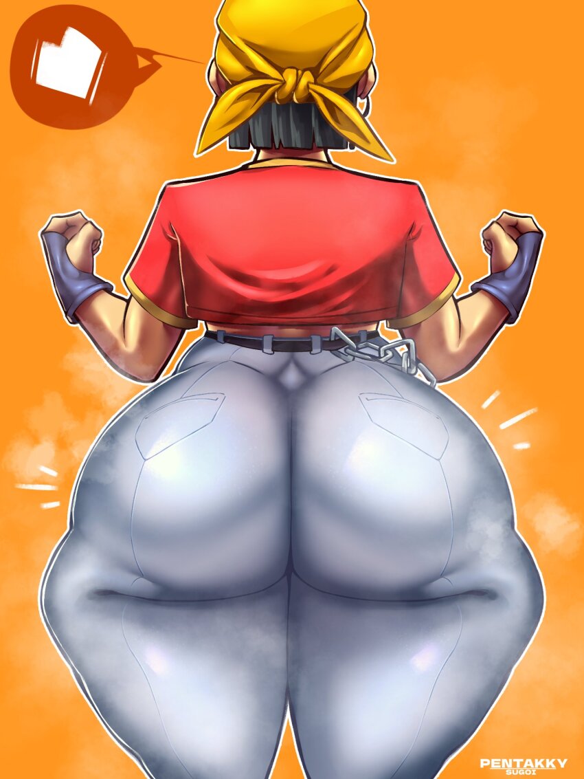 1girl artist_name ass ass_focus bandana black_hair chain clenched_hands denim_pants dragon_ball dragon_ball_gt fingerless_gloves gloves highres huge_ass orange_background orange_bandana pan_(dragon_ball) pants pentakky-sugoi red_shirt shirt short_hair solo steam steaming_body thick_thighs thighs tomboy wide_hips