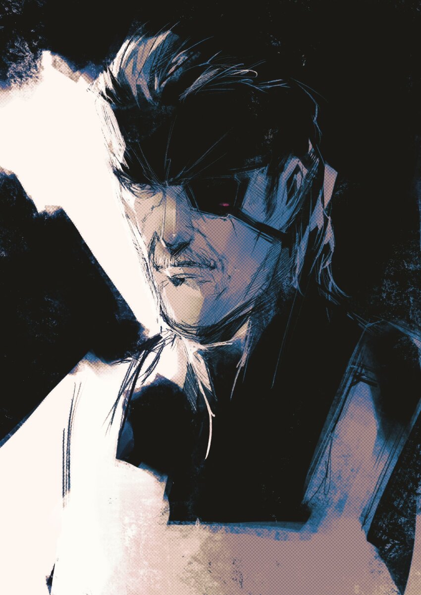 1boy commentary english_commentary eyepatch facial_hair greyscale headband highres kannoaki male_focus metal_gear_(series) metal_gear_solid_4:_guns_of_the_patriots monochrome mustache old old_man old_snake portrait sketch solid_snake solo upper_body
