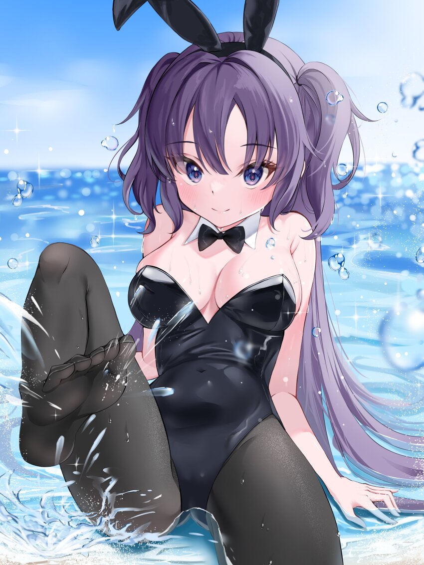 1girl absurdres alternate_costume animal_ears arm_support armpit_crease bare_shoulders black_bow black_bowtie black_leotard black_pantyhose blue_archive blue_eyes blue_sky blush bow bowtie breasts cleavage closed_mouth commentary curvy detached_collar eyelashes fake_animal_ears feet foot_up gluteal_fold hair_between_eyes hair_intakes happy highres large_breasts leaning_back leotard long_hair nail_polish no_shoes pantyhose playboy_bunny purple_hair rabbit_ears red_pupils sidelighting sitting sky soles solo sparkle splashing split_mouth straight_hair strapless strapless_leotard thighs toes two_side_up very_long_hair water water_drop wet wfa5051 yuuka_(blue_archive)