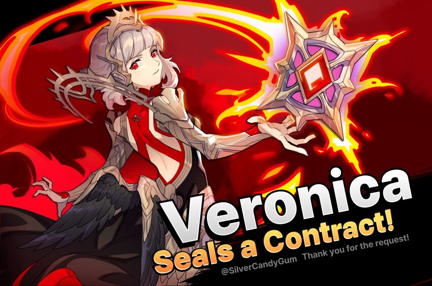 1girl back breasts commission fake_halo fake_wings fire fire_emblem fire_emblem_heroes grey_hair halo highres looking_at_viewer magic median_furrow nintendo official_alternate_costume official_alternate_hairstyle official_style pixiv_commission promotional_art red_eyes short_hair short_hair_with_long_locks silvercandy_gum small_breasts smile solo super_smash_bros. tiara veronica_(fire_emblem) veronica_(princess_rising)_(fire_emblem) wings