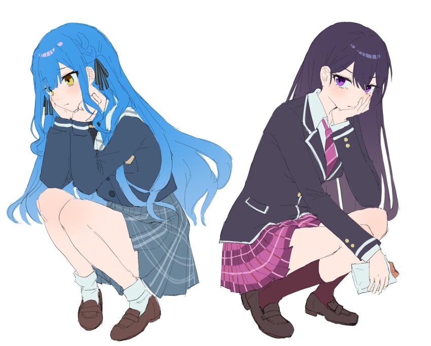 2girls bang_dream! bang_dream!_it&#039;s_mygo!!!!! birthday1730225 black_hair black_jacket black_ribbon blue_hair blue_shirt brown_shoes closed_mouth commentary diagonal-striped_clothes diagonal-striped_necktie food grey_skirt hair_ribbon hands_on_own_cheeks hands_on_own_face haneoka_school_uniform hashtag-only_commentary head_rest highres holding holding_food jacket loafers long_hair long_sleeves multiple_girls necktie plaid_clothes plaid_skirt pleated_skirt purple_eyes purple_necktie purple_skirt red_socks ribbon school_uniform shiina_taki shirt shoes sidelocks simple_background skirt socks squatting striped_clothes togawa_sakiko tsukinomori_school_uniform white_background white_socks yellow_eyes
