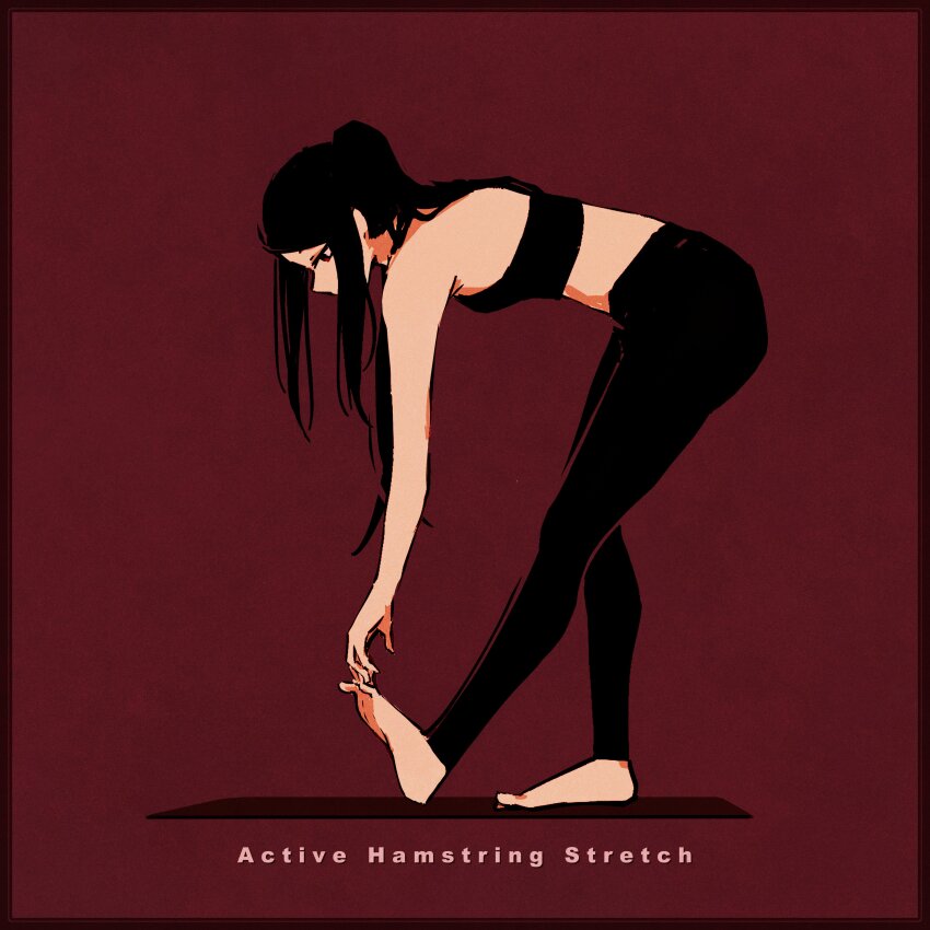 1girl absurdres barefoot black_hair black_pants commentary from_side full_body highres jill_stingray long_hair pants red_background red_eyes rnna sidelocks solo sports_bra stretching va-11_hall-a yoga_mat