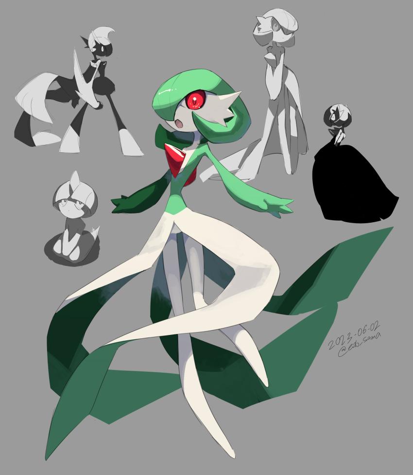 absurdres alternate_color arm_blade artist_name black_dress bob_cut cape colored_skin dated dress edo-sama gallade gardevoir gen_3_pokemon gen_4_pokemon green_hair green_skin grey_background hair_over_one_eye highres mega_gallade mega_gardevoir mega_pokemon multicolored_skin nintendo pokemon pokemon_(creature) ralts red_eyes shiny_pokemon simple_background two-tone_skin weapon white_dress white_skin
