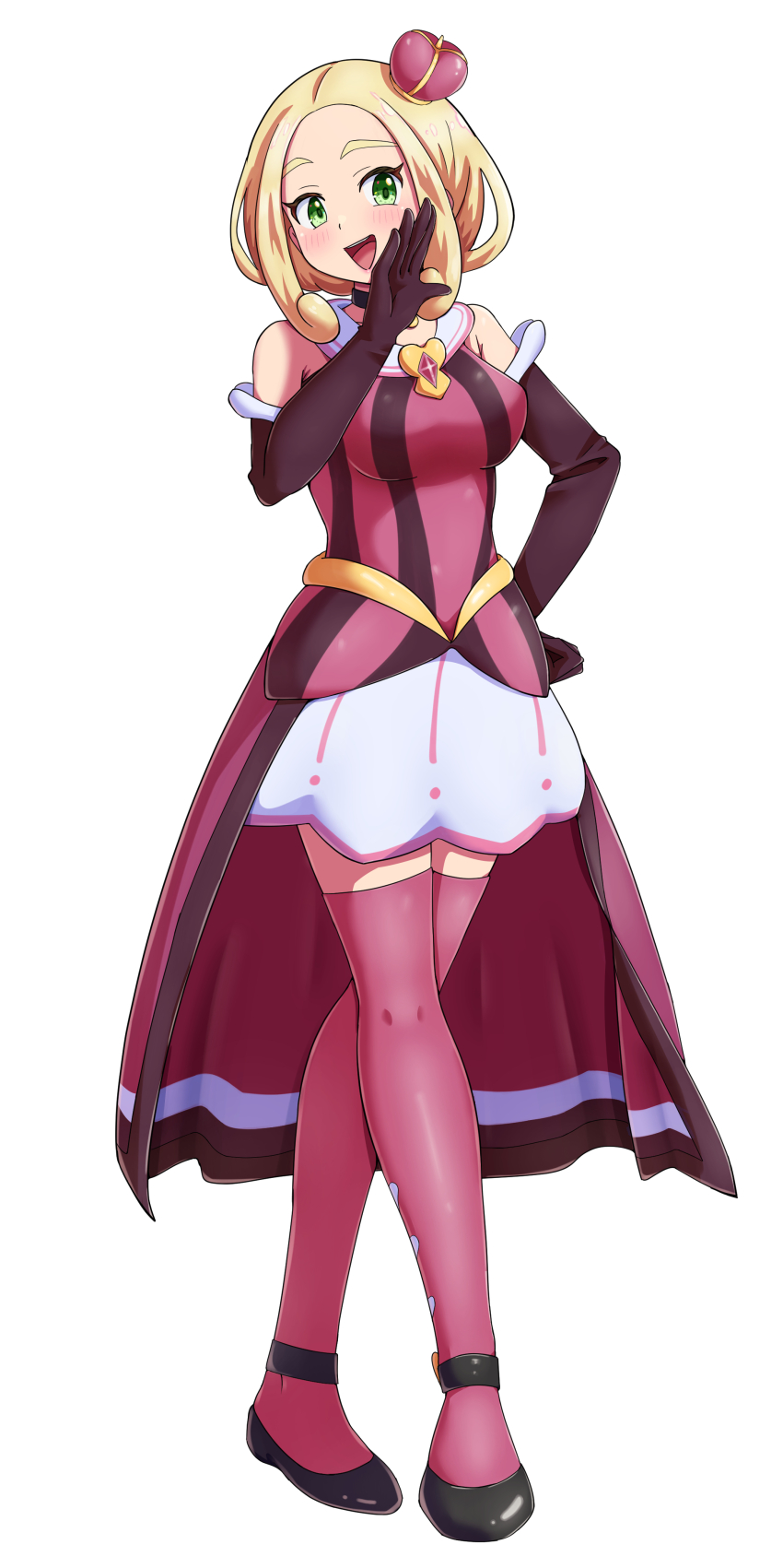 1girl :d absurdres bare_shoulders blonde_hair commission cosplay crown elbow_gloves full_body game_freak gloves green_eyes hand_on_own_hip hand_up happy highres maho_(corotonton5150) mini_crown nintendo ojou-sama_pose open_mouth pink_shirt pink_thighhighs pixiv_commission pokemon pokemon_masters_ex pokemon_xy shirt shoes sidelocks simple_background skirt sleeveless sleeveless_shirt smile solo sonia_(pokemon) sonia_(pokemon)_(cosplay) sonia_(special_costume)_(pokemon) standing thighhighs viola_(pokemon) waist_cape white_background white_skirt