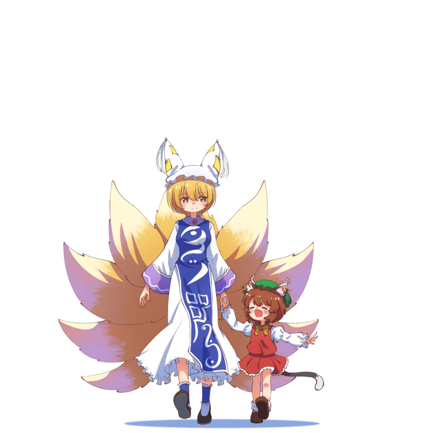 2girls animal_ear_fluff animal_ears arms_up blonde_hair blue_tabard blush bow bowtie brown_hair cat_ears cat_tail chen child closed_eyes commentary_request double-parted_bangs dress fang fox_tail frills full_body happy hat height_difference highres holding_hands light_smile long_sleeves looking_at_another mob_cap multiple_girls multiple_tails open_mouth puffy_long_sleeves puffy_sleeves red_skirt red_vest shadow short_hair simple_background skin_fang skirt skirt_set split_mouth suteruko tabard tail touhou vest walking white_background white_dress yakumo_ran yellow_bow yellow_bowtie yellow_eyes