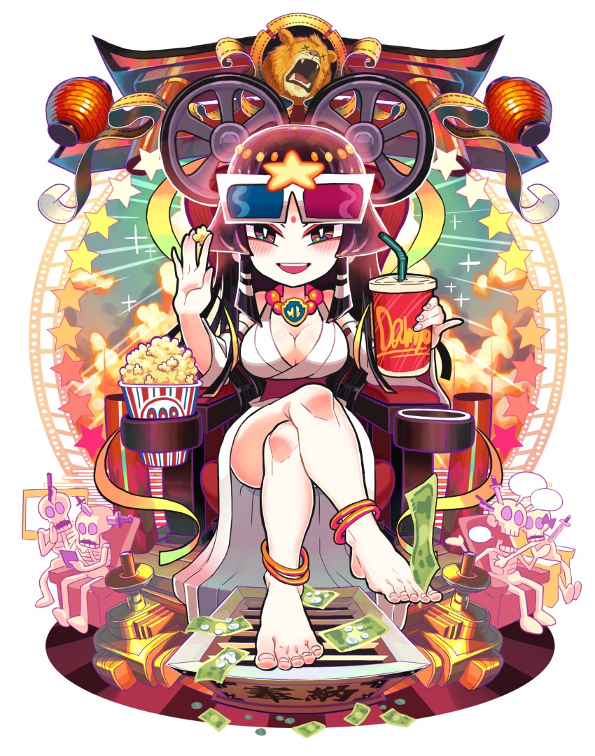 1girl 3d_glasses barefoot breasts chair cleavage crossed_legs feet female_focus food gashi-gashi heterochromatic_eyewear highres japanese_clothes knife_in_head looking_at_viewer metro-goldwyn-mayer mgm money movies object_through_head open_mouth popcorn reference sitting skeleton skull smile soda solo tagme tinted_eyewear toes warner_bros.