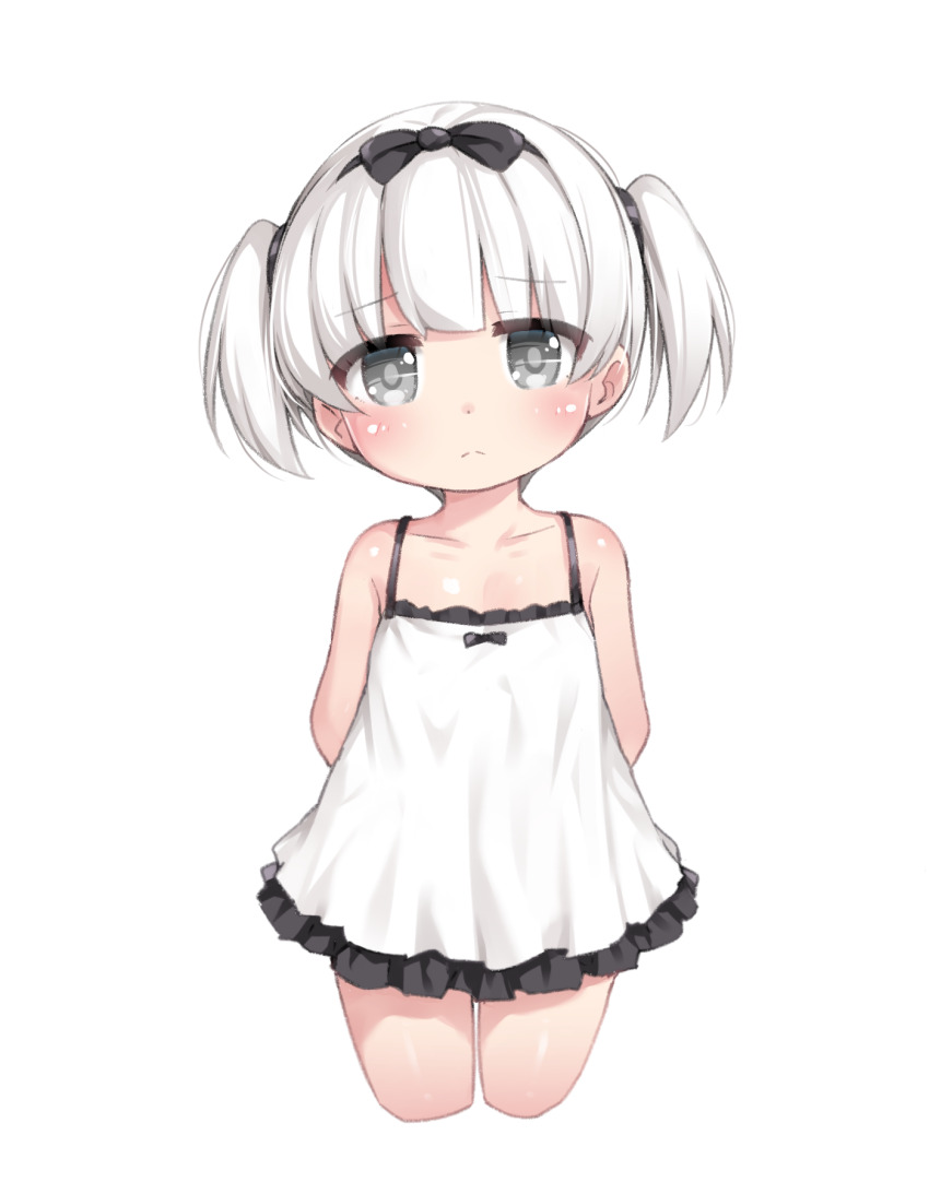 1girl arms_behind_back bare_shoulders black_bow black_eyes black_hairband bow bow_hairband closed_mouth collarbone commentary cropped_legs dress flat_chest frown furrowed_brow hair_bow hairband highres looking_at_viewer original short_hair short_twintails sleeveless sleeveless_dress solo split_mouth symbol-only_commentary tamase_tama twintails white_background white_dress white_hair
