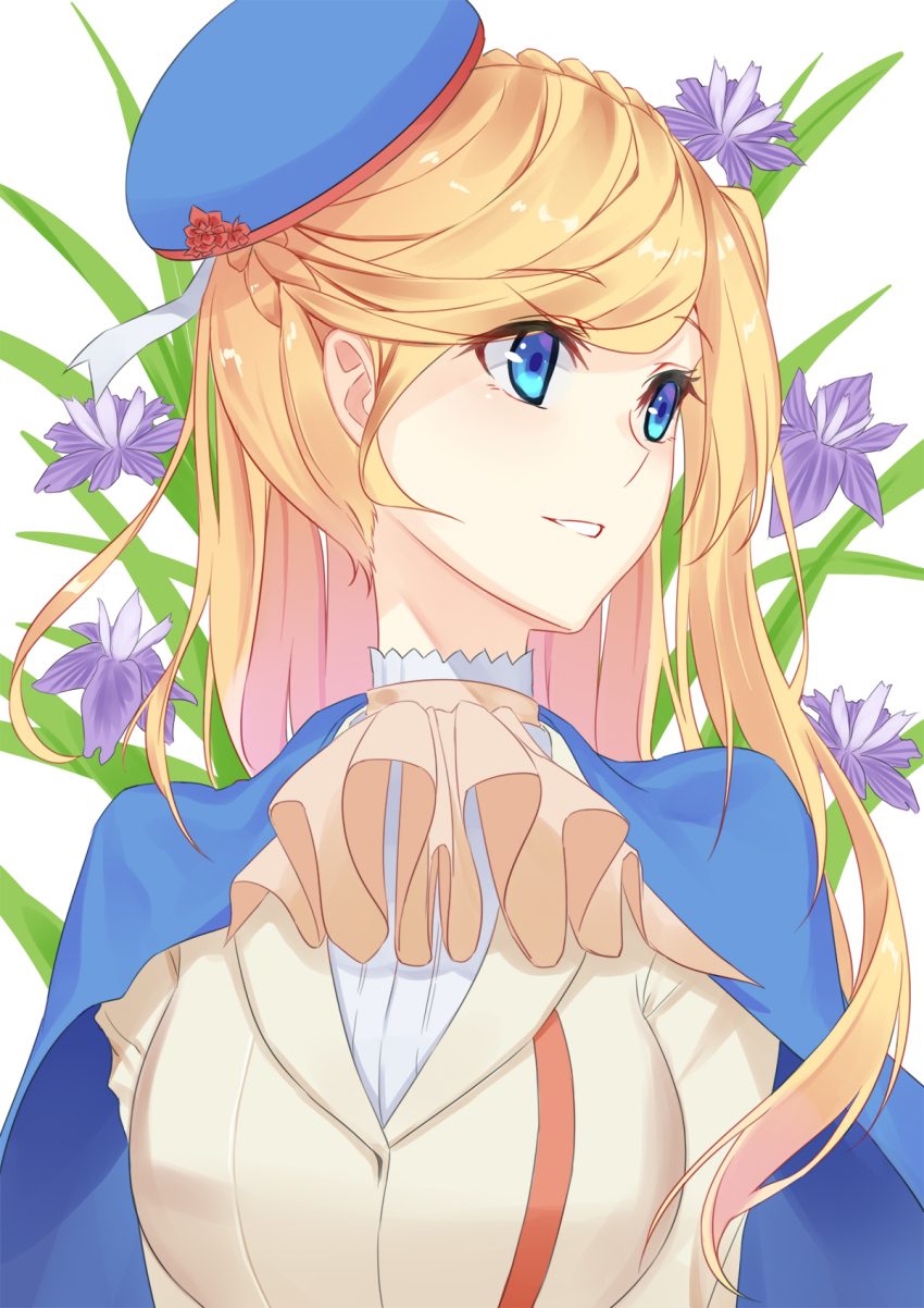 1girl 5plus alternate_costume beige_coat blade_of_grass blonde_hair blouse blue_cape blue_eyes blue_hat braid cape coat crown_braid eyelashes female_focus floral_background floral_print flower frills hat highres long_hair looking_away open_mouth purple_flower ribbon richelieu_(warship_girls_r) shirt smile solo upper_body warship_girls_r white_background white_shirt