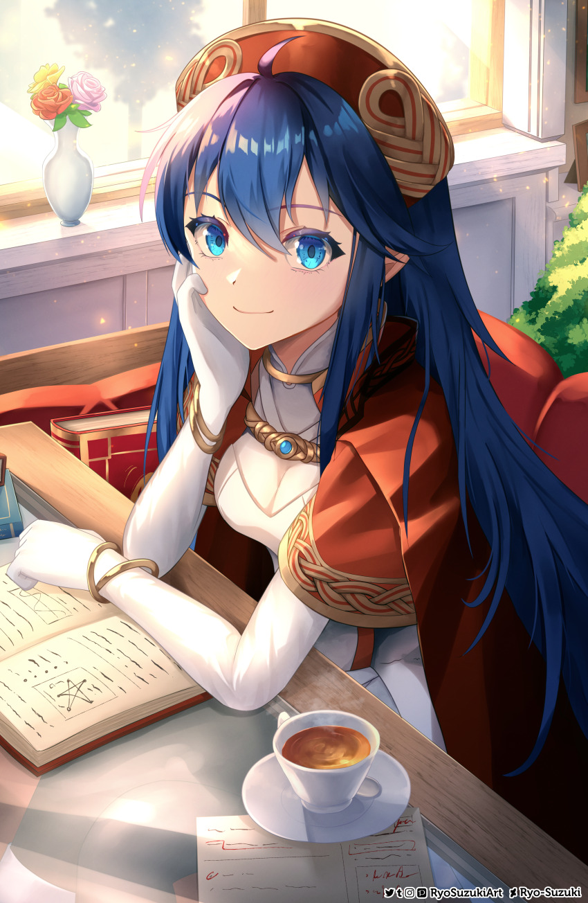 1girl absurdres ahoge blue_eyes blue_hair book breasts cape cup dress elbow_gloves fire_emblem fire_emblem:_the_binding_blade fire_emblem_heroes flower gloves hair_between_eyes hat head_rest highres indoors jewelry lilina_(fire_emblem) lilina_(firelight_leader)_(fire_emblem) long_hair looking_at_viewer medium_breasts mixed-language_commentary nintendo official_alternate_costume open_book plate red_cape red_hat rose ryo-suzuki sitting solo table teacup white_dress white_gloves