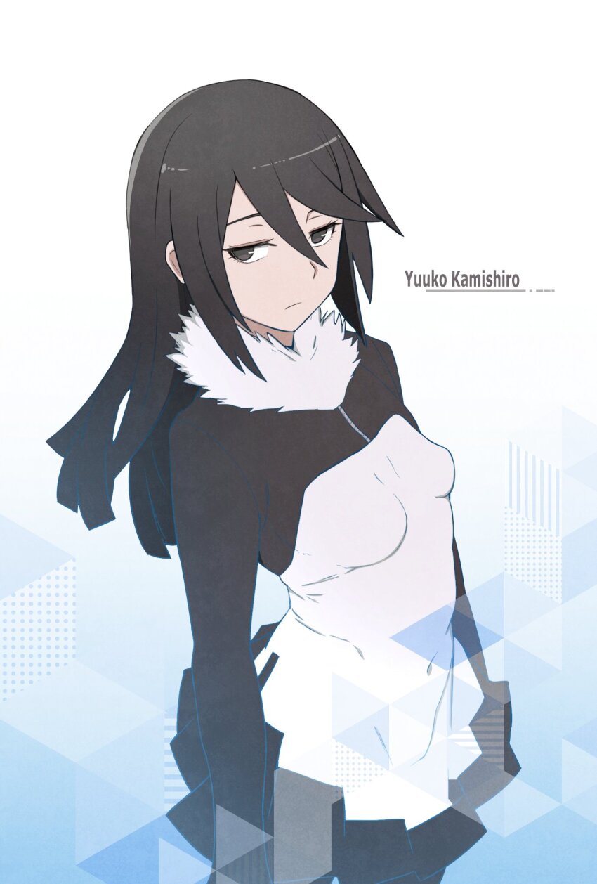 1girl ayu_(ddestiny944) black_dress black_eyes black_hair breasts digimon digimon_story:_cyber_sleuth dress highres impossible_clothes impossible_dress kamishiro_yuuko long_hair short_dress small_breasts solo two-tone_dress white_dress