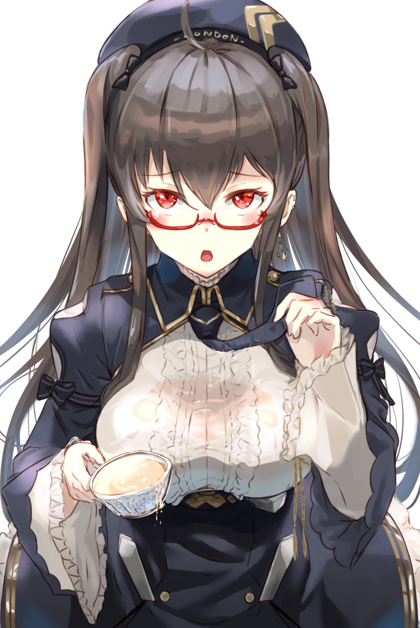 1girl azur_lane black_dress black_necktie breast_cutout brown_hair center_frills cup dress frills gold_trim hair_between_eyes highres holding holding_cup london_(azur_lane) london_(retrofit)_(azur_lane) long_hair looking_at_viewer necktie red_eyes retrofit_(azur_lane) sankyo_(821-scoville) shirt simple_background solo stain very_long_hair white_background white_shirt wide_sleeves