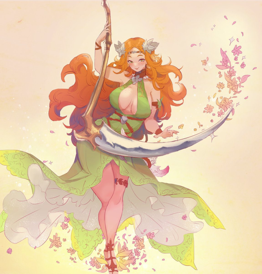 1girl bare_shoulders breasts circlet cleavage cleavage_cutout clothing_cutout dress final_fantasy final_fantasy_xiv goldfishu green_dress green_eyes hair_ornament highres large_breasts leaf_hair_ornament long_hair looking_at_viewer nophica orange_hair simple_background sleeveless sleeveless_dress smile solo wavy_hair