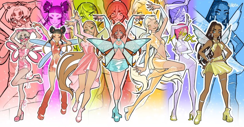 6+girls aisha_(winx_club) aqua_eyes armlet arms_up asian asymmetrical_dress asymmetrical_gloves asymmetrical_legwear asymmetrical_shirt bare_legs bare_shoulders black_hair blonde_hair bloom_(winx_club) blue_arm_warmers blue_boots blue_shirt blue_skirt blue_wings blunt_bangs blunt_ends bodysuit boots bracelet breasts bright_pupils brown_hair china_dress chinese_clothes cleavage_cutout closed_mouth clothing_cutout colorful_background commentary cornrows crop_top dark-skinned_female dark_skin dress elbow_gloves eyelashes eyeliner eyes_visible_through_hair fairy fairy_wings flora_(winx_club) freckles full_body glitter gloves goggles gold_tiara green-tinted_eyewear green_boots green_eyes green_shirt green_skirt green_wings grey_eyes hair_between_eyes hair_bobbles hair_ornament hair_tubes hairband hand_on_headphones hands_on_own_head hands_on_own_hips headphones heart heart-shaped_eyewear heart_cutout heterochromia high_heel_boots high_heels highres jewelry knee_boots knees large_breasts layered_clothes leaf_hair_ornament leg_ribbon leg_up leg_warmers lips long_hair long_hair_between_eyes low_twintails magical_girl makeup mandarin_collar midriff miniskirt mismatched_gloves multiple_girls musa_(winx_club) nail_polish navel o-ring orange_hair original outline parted_lips pencil_skirt pink-tinted_eyewear pink_arm_warmers pink_boots pink_dress pink_gloves pink_hair pink_ribbon pink_shoes pink_wings platform_boots pleated_skirt ponytail purple_bodysuit purple_boots purple_gloves red_boots red_dress red_eyeliner red_leg_warmers redesign ribbon shirt shoes short_hair short_hair_with_long_locks short_shorts short_sleeves short_twintails shorts side_slit signature single_elbow_glove single_sleeve skirt skirt_set sleeves_past_wrists small_breasts smile standing stella_(winx_club) stomach_cutout strapless strapless_dress sunglasses tan tecna_(winx_club) thick_eyebrows thigh_boots thighlet tinted_eyewear transparent_wings turtleneck turtleneck_bodysuit turtleneck_shirt twintails underboob v-neck very_dark_skin very_long_hair white_bodysuit white_hairband white_outline white_pupils white_wings wikate wings winx_club yellow_boots yellow_nails yellow_shirt yellow_shorts zoom_layer