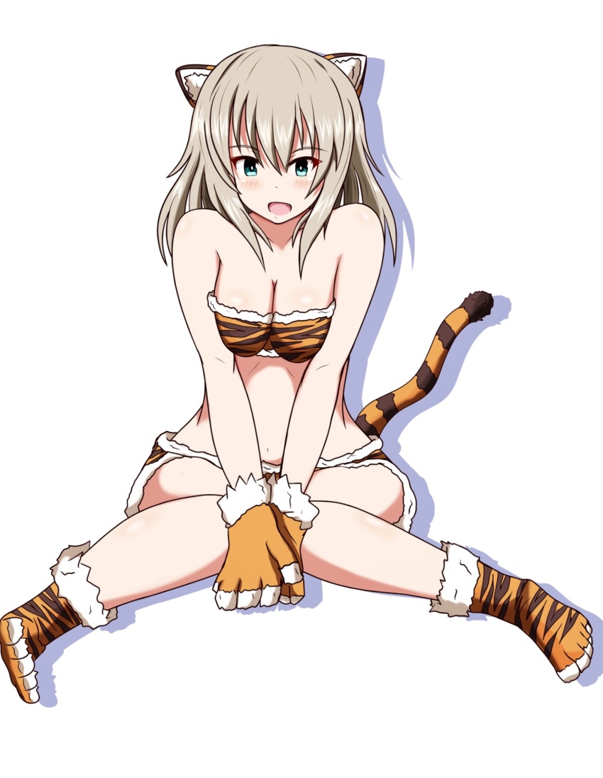 1girl animal_ears animal_hands animal_print bare_shoulders bikini blue_eyes boots breasts chinese_zodiac cleavage fake_animal_ears fake_tail fang fur_bikini girls_und_panzer gloves grey_hair highres invisible_chair itsumi_erika medium_breasts medium_hair meiya new_year open_mouth orange_bikini orange_boots paw_gloves paw_shoes print_bikini print_footwear shadow simple_background sitting smile solo strapless strapless_bikini swimsuit tail tiger_ears tiger_print tiger_tail v_arms white_background year_of_the_tiger