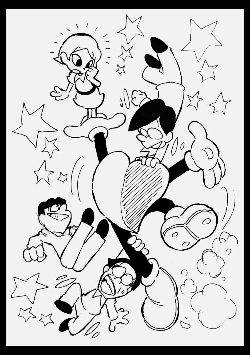 1girl 3boys arms_up ballpoint_pen_(medium) belt border check_medium clenched_hand collared_dress collared_shirt constricted_pupils dress gloves greyscale grin hai_yorokonde hand_up hanging_on heart highres in_palm legs_together legs_up long_sleeves looking_at_creature looking_down looking_up medium_request monochrome multiple_boys open_mouth pants pen_(medium) reno-san scared shirt shoes short_hair simple_background small_sweatdrop smile standing standing_on_one_leg star_(symbol) teeth traditional_media wide-eyed