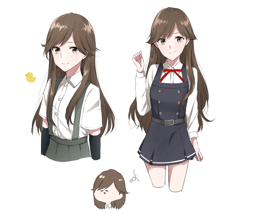 1girl alternate_costume arashio_(kancolle) arm_warmers belt bird brown_eyes brown_hair buttons chibi cosplay dress duck closed_eyes highres imagining kantai_collection kasumi_(kancolle)_(cosplay) kasumi_(kancolle) long_hair long_sleeves looking_at_viewer morinaga_miki multiple_persona open_mouth pinafore_dress pleated_skirt remodel_(kantai_collection) school_uniform shirt short_sleeves simple_background skirt sleeveless sleeveless_dress smile suspenders white_background white_shirt