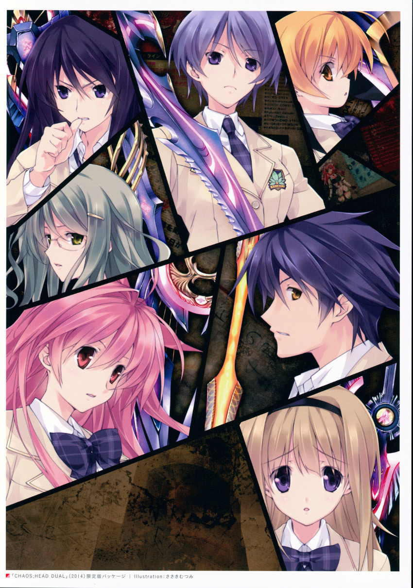1boy 6+girls :o absurdres action_figure angry aoi_sena biting biting_own_thumb black_hairband blonde_hair blood_tune blue_hair bow bowtie breasts brown_jacket buttons chaos;head clenched_teeth collage collared_shirt computer d-sword determined ears_visible_through_hair expressionless from_side frown furrowed_brow glasses green_eyes green_hair hair_between_eyes hair_bow hair_ornament hairband hairpin highres holding holding_sword holding_weapon jacket kishimoto_ayase kusunoki_yua lapels long_hair looking_at_viewer looking_down looking_to_the_side medium_breasts medium_hair monitor multiple_girls narrowed_eyes necktie nishijou_nanami nishijou_takumi non-web_source notched_lapels official_art open_collar open_mouth orihara_kozue pink_bow pink_eyes pink_hair plaid_bow plaid_bowtie plaid_clothes plaid_necktie profile purple_eyes purple_hair round_eyewear sakihata_rimi sasaki_mutsumi school_uniform seira_orgel shibuya_(tokyo) shibuya_109 shirt short_hair side_ponytail spiked_hair suimei_school_uniform sword teeth text_background tokyo_(city) tongue weapon white_shirt worried yellow_eyes