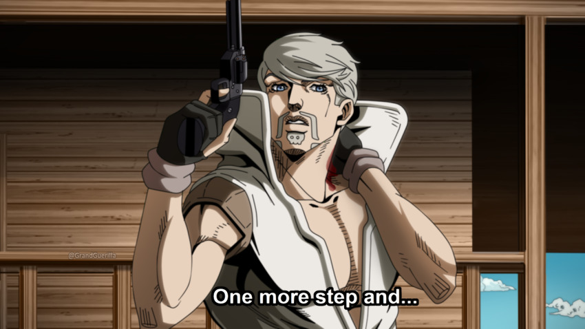 1boy araki_hirohiko_(style) black_gloves blood blue_eyes facial_hair fake_screenshot fingerless_gloves gloves goatee grandguerrilla grey_hair gun handgun holding holding_gun holding_weapon jojo_no_kimyou_na_bouken looking_at_viewer male_focus official_style parted_lips portrait revolver ringo_roadagain solo steel_ball_run twitter_username weapon