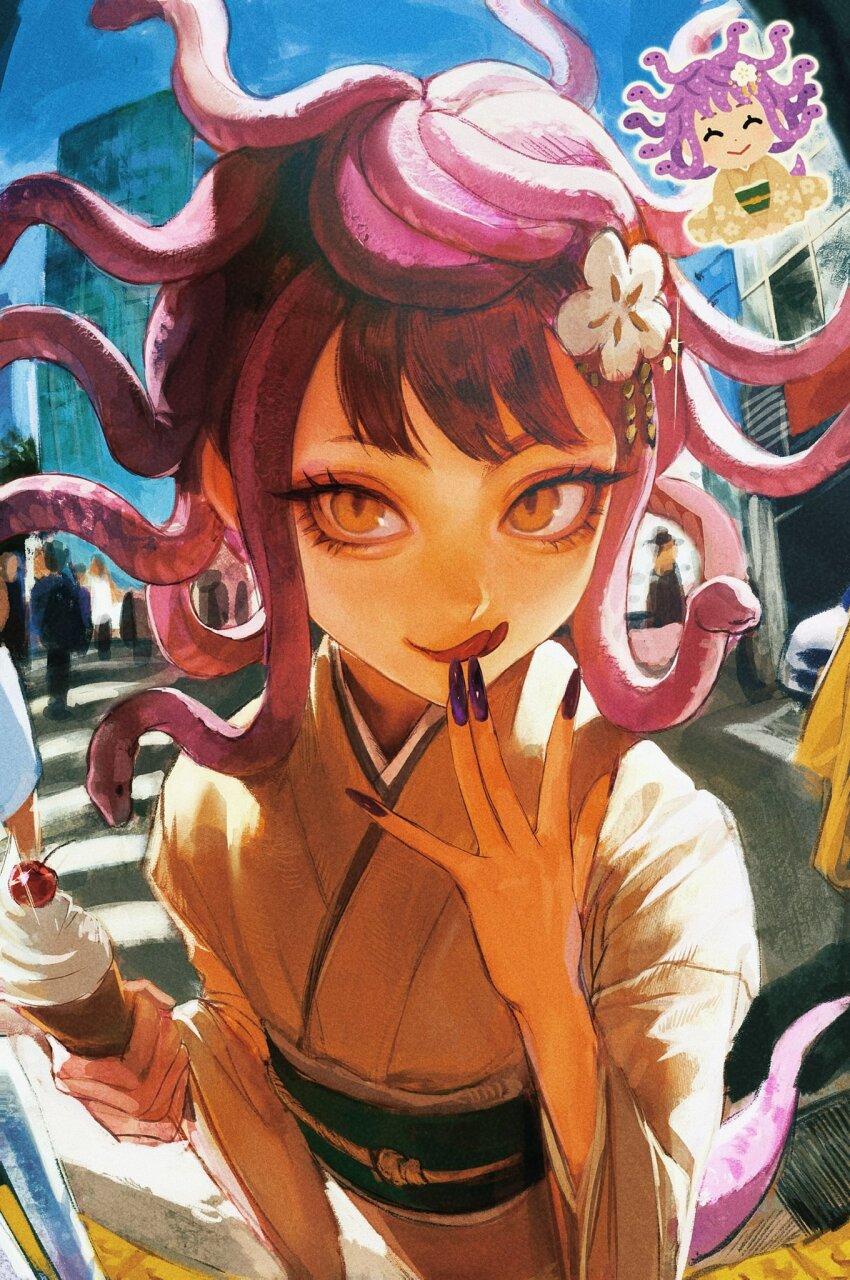 1girl blue_sky building car character_print cherry city commentary_request cowboy_shot crosswalk crowd day faux_traditional_media fingernails fisheye flower flower_ornament food forked_tongue fruit green_sash hair_ornament hand_to_own_mouth highres holding holding_ice_cream_cone ice_cream ice_cream_cone japanese_clothes kimono lamia licking_lips long_fingernails looking_at_viewer monster_girl motor_vehicle nail_polish obi orange_eyes original outdoors purple_hair purple_nails road sash seapall sky skyscraper slit_pupils snake_hair soft_serve solo_focus tongue tongue_out white_flower white_kimono