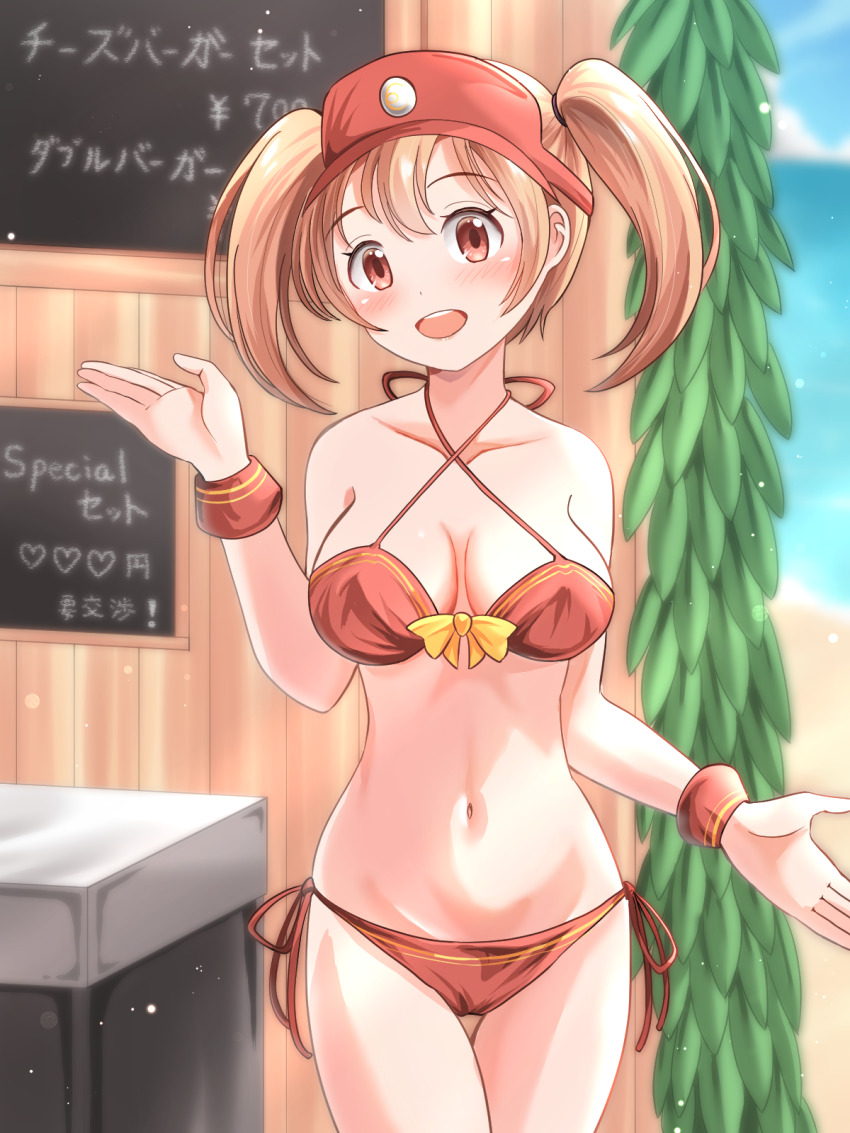 1girl beach bikini brown_hair chalkboard commentary_request counter cowboy_shot criss-cross_halter halterneck hat hataraku_maou-sama! highres horizon navel ocean open_mouth orange_bikini red_eyes red_hat round_teeth sasaki_chiho side-tie_bikini_bottom solo swimsuit teeth thigh_gap upper_teeth_only visor_cap wrist_cuffs zakiwo_(rrxn8224)