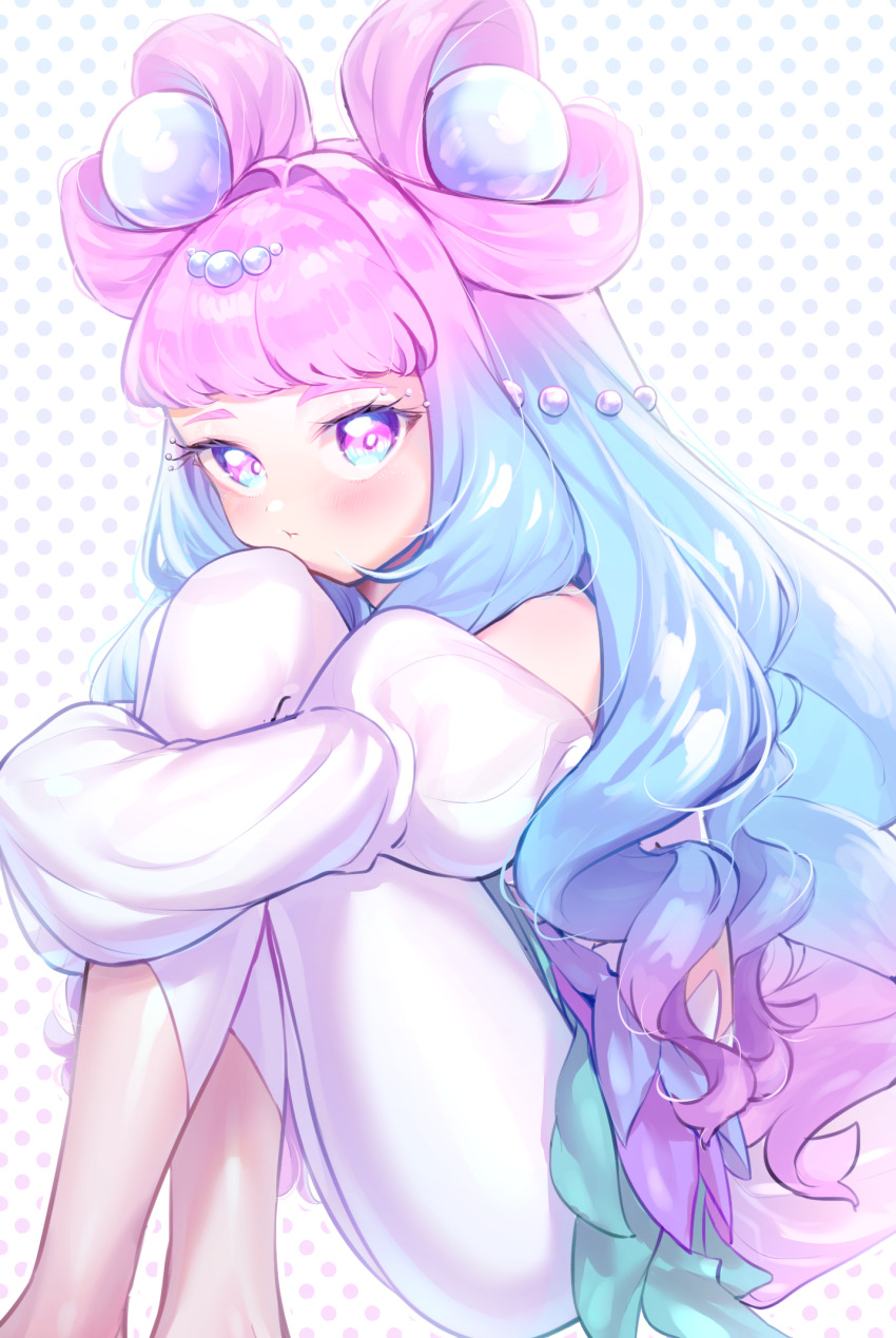 1girl aqua_eyes aqua_hair blush closed_mouth cure_la_mer feet_out_of_frame gradient_eyes gradient_hair hair_ornament highres jewelry laura_la_mer layered_skirt long_hair long_sleeves looking_at_viewer multicolored_eyes multicolored_hair nekono_moni pantyhose pearl_hair_ornament pink_eyes pink_hair pout precure sitting skirt solo tropical-rouge!_precure very_long_hair white_pantyhose
