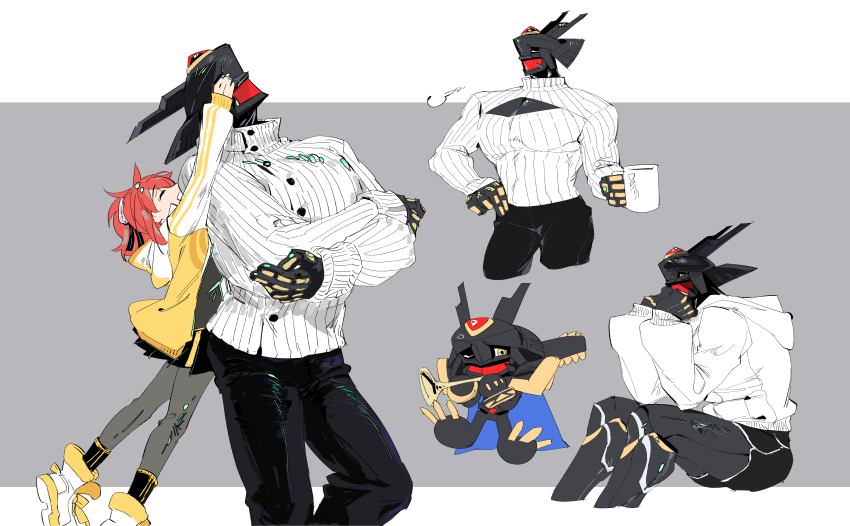 1girl absurdres aiba_ami alphamon armor black_armor black_helmet black_skirt dawu233 digimon digimon_(creature) digimon_story:_cyber_sleuth forehead_jewel full_body helmet highres knight kuremi_kyouko pleated_skirt red_hair shirt simple_background skirt two-tone_shirt yellow_eyes yellow_shirt