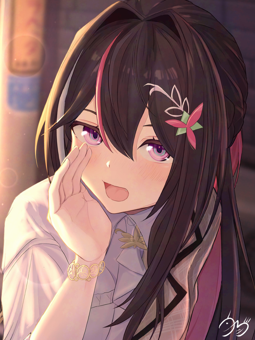 1girl :d absurdres ascot azki_(4th_costume)_(hololive) azki_(hololive) blush bracelet braid brown_hair brown_jacket collared_dress colored_inner_hair commentary_request double-parted_bangs dress fang hair_between_eyes hair_intakes hair_ornament hairclip half_up_braid hand_up highres hishaku_(7stel2ar) hololive jacket jewelry leaning_forward long_hair looking_at_viewer multicolored_hair official_alternate_costume open_mouth outdoors pink_hair purple_eyes sidelighting signature smile solo streaked_hair sunset three-quarter_sleeves upper_body very_long_hair virtual_youtuber whispering white_ascot white_dress white_hair