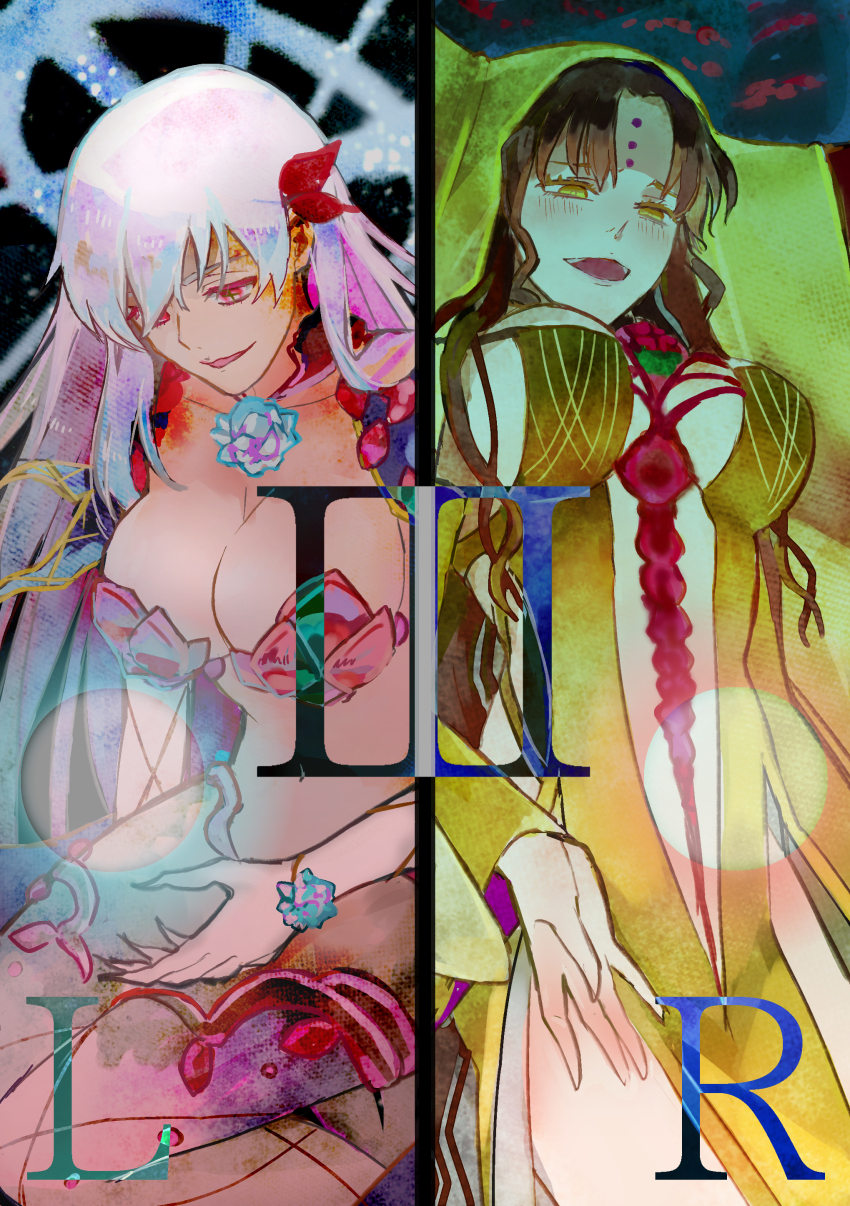 2girls absurdres armor bikini_armor black_hair demon_girl demon_horns dress fate/grand_order fate_(series) gikgikgik halo highres horns kama_(beast_iii/l)_(fate) kama_(fate) multiple_girls sessyoin_kiara sessyoin_kiara_(beast_iii/r) white_hair yellow_dress