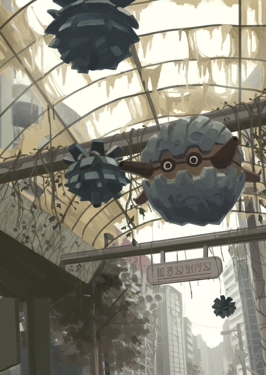 absurdres building commentary_request evolutionary_line forretress from_below gen_2_pokemon hanging highres king_joe_(neoroto) nintendo no_humans overgrown pineco plant pokemon pokemon_(creature) sign spikes vines