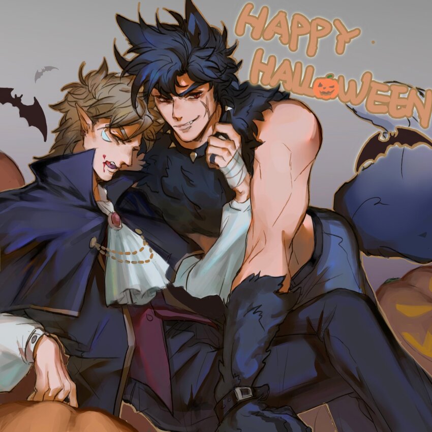2boys animal_ears ascot bat_(animal) battle_tendency black_hair blonde_hair blood blood_on_face blue_hair caesar_anthonio_zeppeli cape collar crop_top cross_scar facial_mark facial_scar fangs halloween halloween_costume highres jack-o&#039;-lantern jojo_no_kimyou_na_bouken joseph_joestar joseph_joestar_(young) male_focus midriff multiple_boys pointy_ears scar scar_on_cheek scar_on_face spiked_collar spikes suzuri513 tail vampire vampire_costume werewolf werewolf_costume wolf_boy wolf_ears wolf_tail