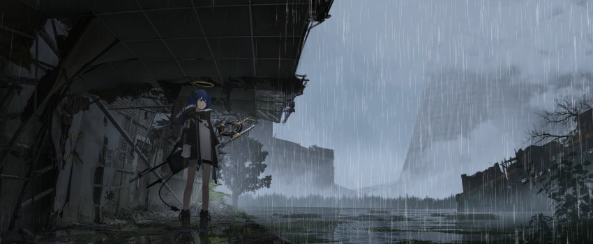 1girl absurdres arknights arms_at_sides black_jacket black_shorts blue_eyes blue_hair boots cityscape closed_mouth day de4d_fish expressionless full_body fur-trimmed_jacket fur_trim grass grey_sky hair_between_eyes halo highres horns jacket long_hair mostima_(arknights) open_clothes open_jacket outdoors overcast plant post-apocalypse puddle rain reflective_floor rubble ruins scenery shorts sidelocks sky solo staff standing tree weapon weapon_on_back wide_shot