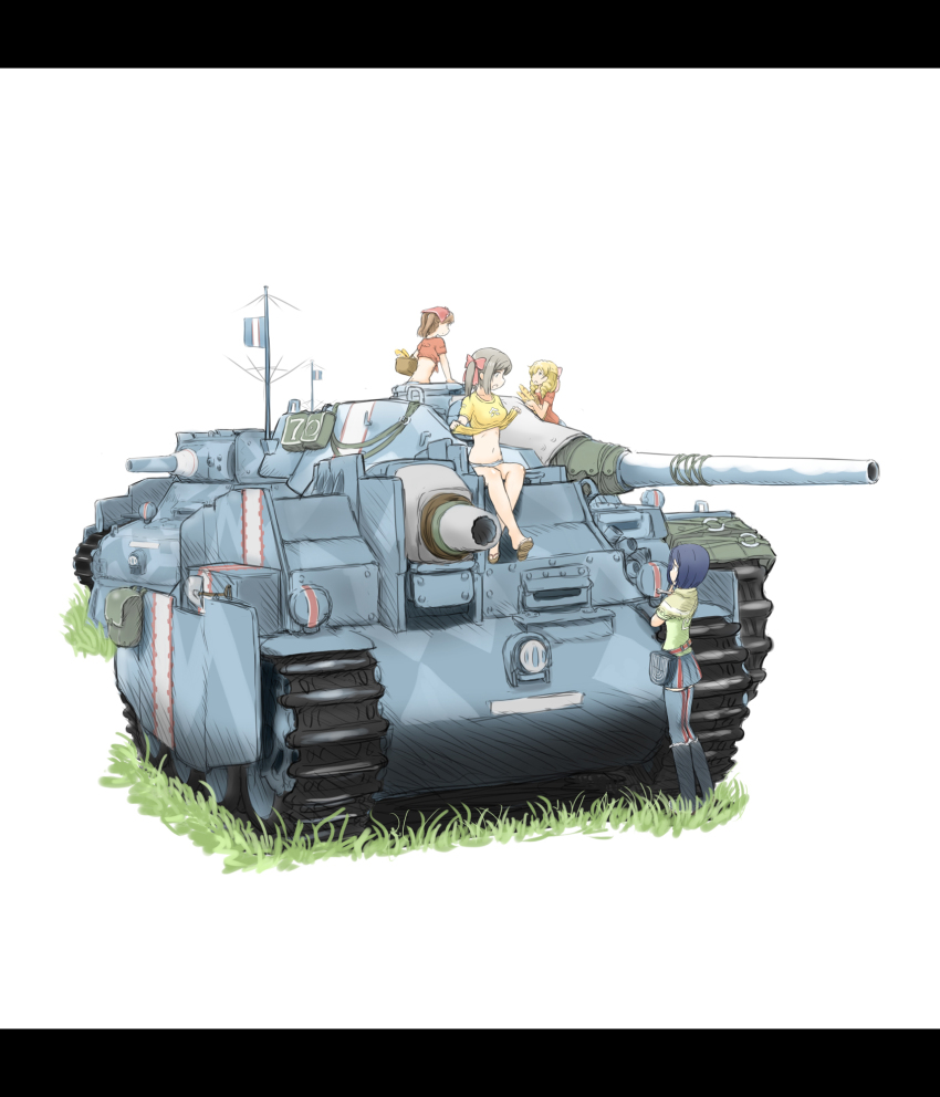 4girls alicia_melchiott black_hair blonde_hair bonnet bread breasts brown_hair caterpillar_tracks character_request commentary_request drill_hair edelweiss_(senjou_no_valkyria) edy_nelson flag flag_on_vehicle food grass highres hu_sea isara_gunther letterboxed military military_vehicle motor_vehicle multiple_girls navel sandals senjou_no_valkyria senjou_no_valkyria_(series) senjou_no_valkyria_1 shamrock_(senjou_no_valkyria) shirt short_hair shorts smile susie_evans tank tank_destroyer twintails white_background