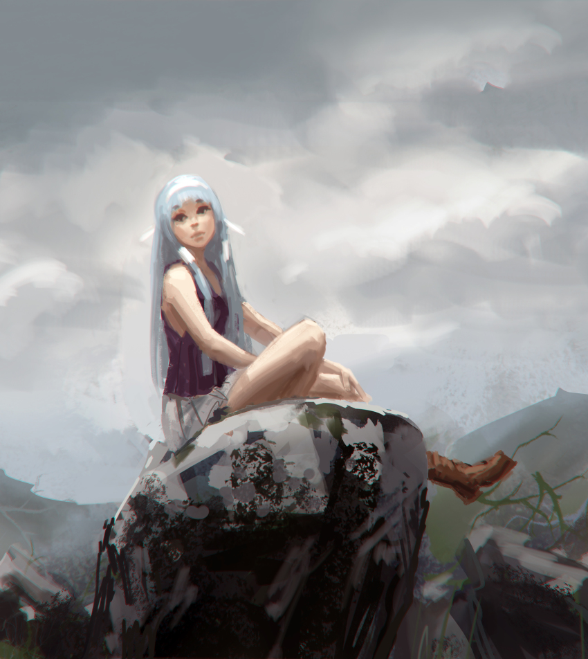 absurdres blue_hair blunt_bangs boots doyora faux_traditional_media hair_tubes hairband highres kannagi long_hair nagi no_lineart rock sitting skirt sleeveless solo